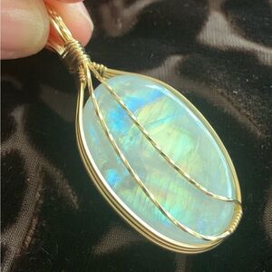 Gold Wire-Wrapped Moonstone Pendant Necklace - Iridescent Blue-Green-Gold
